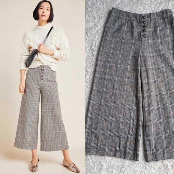 Anthropologie Pants - Anthropologie Roma plaid wide leg cropped pants textured exposed button fly 2P